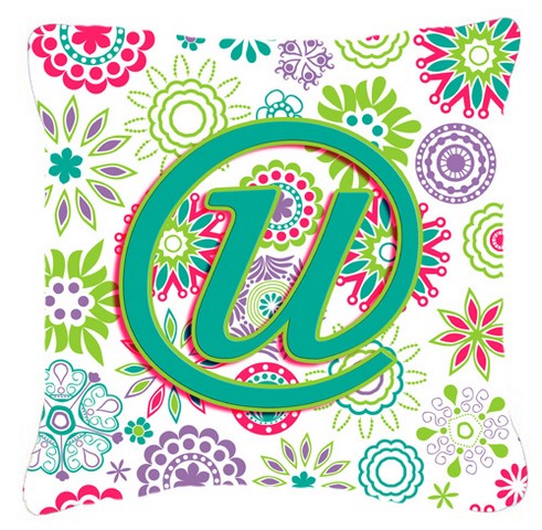 Letter U Flowers Pink Teal Green Initial Canvas Fabric Decorative Pillow
