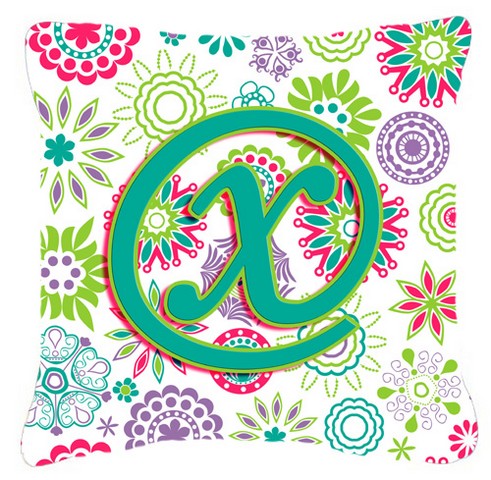 Letter X Flowers Pink Teal Green Initial Canvas Fabric Decorative Pillow