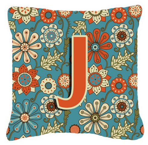Letter J Flowers Retro Blue Canvas Fabric Decorative Pillow