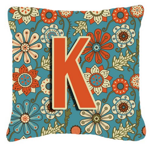 Letter K Flowers Retro Blue Canvas Fabric Decorative Pillow
