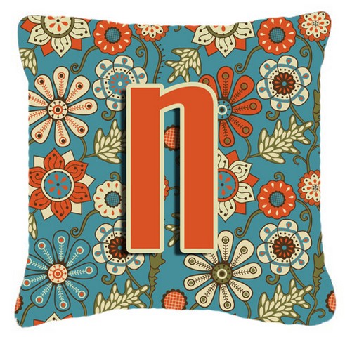 Letter N Flowers Retro Blue Canvas Fabric Decorative Pillow