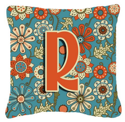 Letter R Flowers Retro Blue Canvas Fabric Decorative Pillow