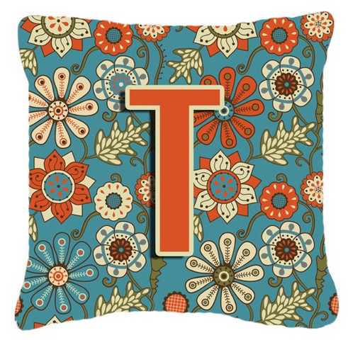 Letter T Flowers Retro Blue Canvas Fabric Decorative Pillow