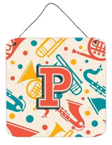Letter P Retro Teal Orange Musical Instruments Initial Wall and Door Hanging Prints
