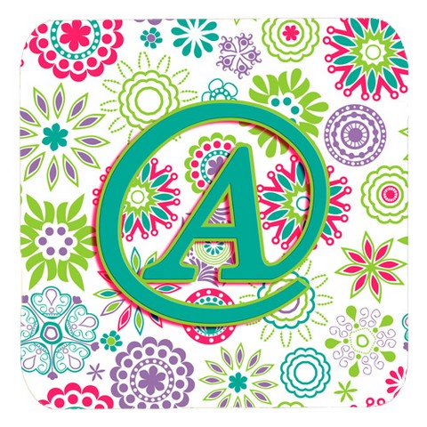 Letter A Flowers Pink Teal Green Initial Foam Coasters, Set Of 4