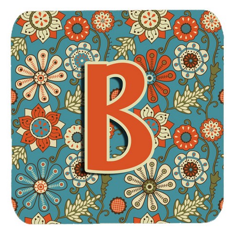 CJ2012-BFC Letter B Flowers Retro Blue Foam Coasters- Set Of 4