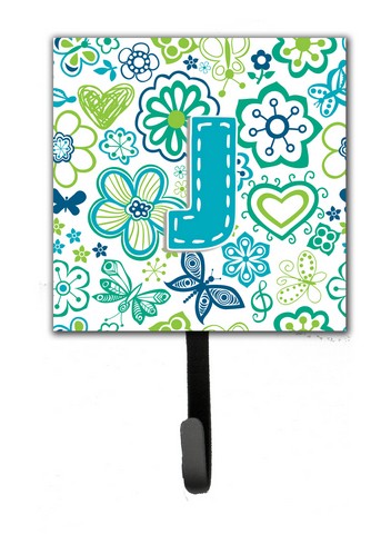Letter J Flowers And Butterflies Teal Blue Leash & Key Holder - Teal Blue - 4.25 L x 2 W x 7 H in.