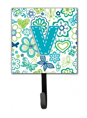 Letter V Flowers And Butterflies Teal Blue Leash & Key Holder