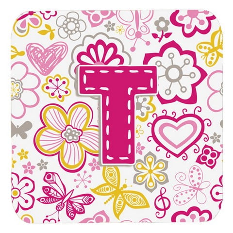 Letter T Flowers And Butterflies Pink Foam Coasters