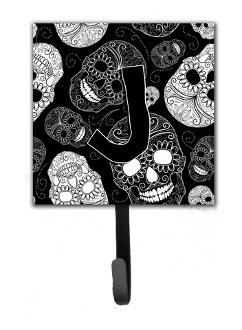 CJ2008-JSH4 Letter J Day Of The Dead Skulls Black Leash & Key Holder
