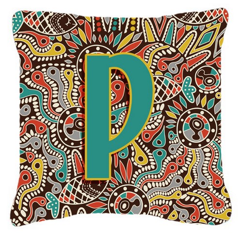 Letter P Retro Tribal Alphabet Initial Canvas Fabric Decorative Pillow