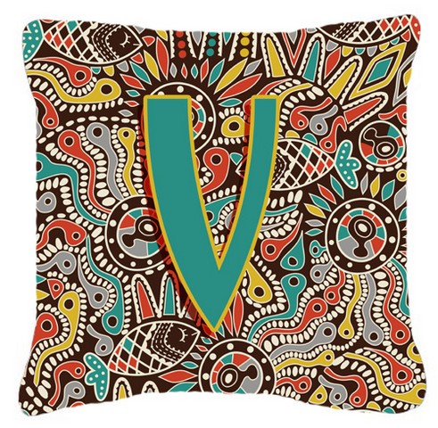 Letter V Retro Tribal Alphabet Initial Canvas Fabric Decorative Pillow