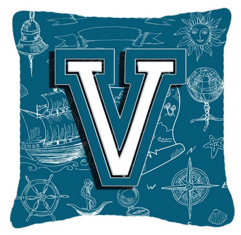 Letter V Sea Doodles Initial Alphabet Canvas Fabric Decorative Pillow