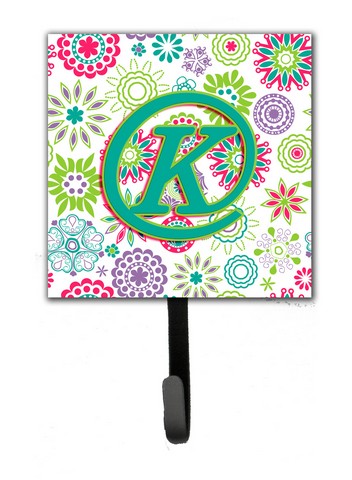 CJ2011-KSH4 Letter K Flowers Pink Teal Green Initial Leash & Key Holder