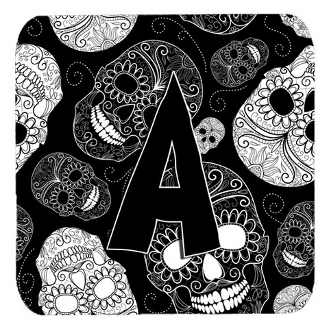 CJ2008-AFC Letter A Day Of The Dead Skulls Black Foam Coasters- Set Of 4