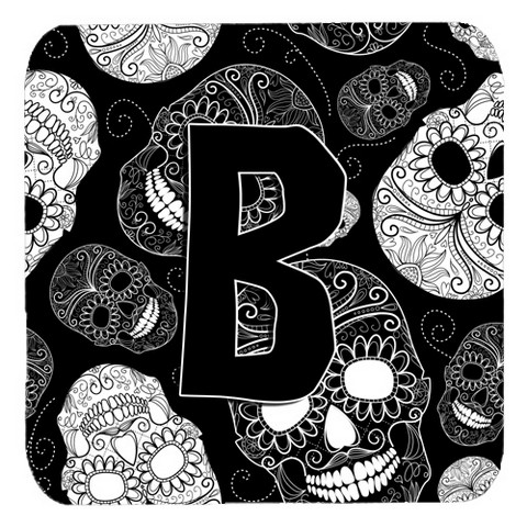 CJ2008-BFC Letter B Day Of The Dead Skulls Black Foam Coasters- Set Of 4