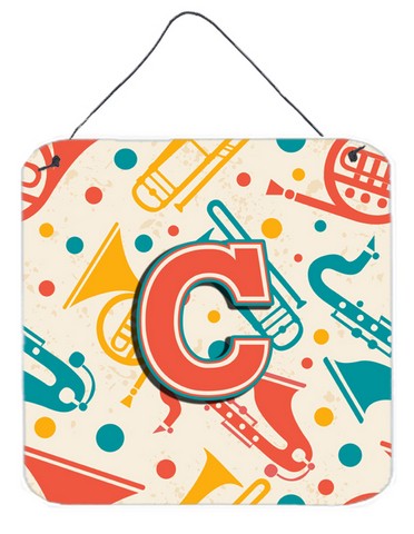 CJ2001-CDS66 Letter C Retro Teal Orange Musical Instruments Initial Wall and Door Hanging Prints
