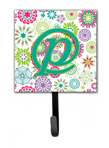 Letter P Flowers Pink Teal Green Initial Leash & Key Holder