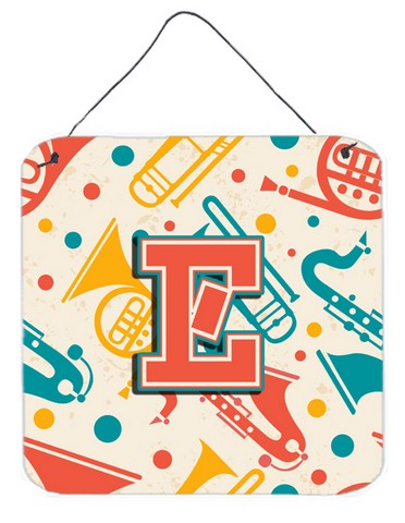 CJ2001-EDS66 Letter E Retro Teal Orange Musical Instruments Initial Wall and Door Hanging Prints