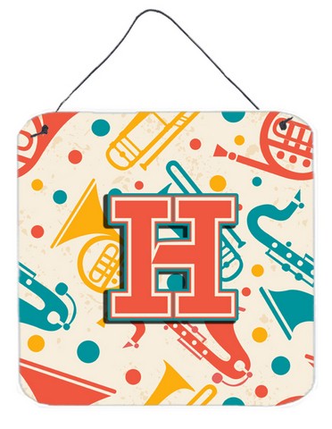 CJ2001-HDS66 Letter H Retro Teal Orange Musical Instruments Initial Wall and Door Hanging Prints