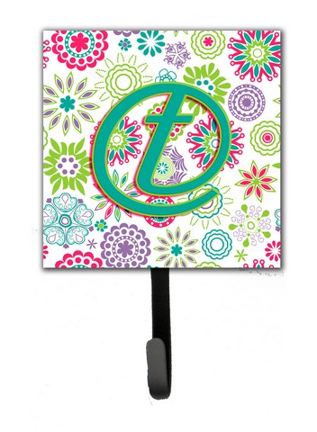 CJ2011-TSH4 Letter T Flowers Pink Teal Green Initial Leash & Key Holder