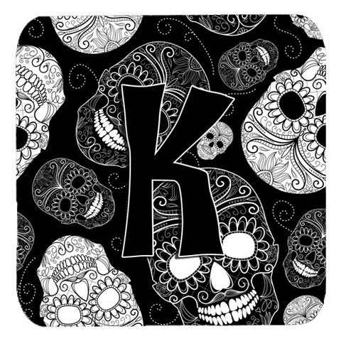 Letter K Day Of The Dead Skulls Black Foam Coasters- Set Of 4