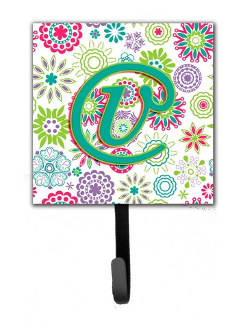 Letter V Flowers Pink Teal Green Initial Leash & Key Holder