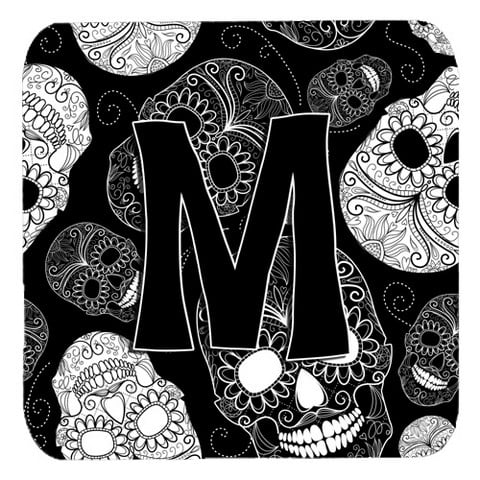 CJ2008-MFC Letter M Day Of The Dead Skulls Black Foam Coasters- Set Of 4