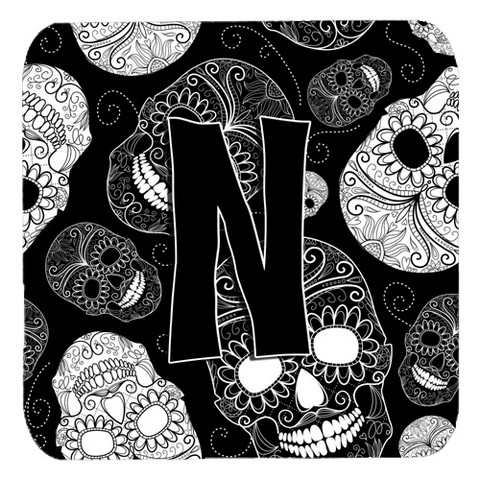 CJ2008-NFC Letter N Day Of The Dead Skulls Black Foam Coasters- Set Of 4
