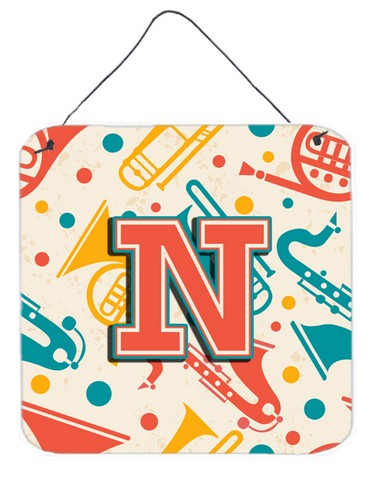 CJ2001-NDS66 Letter N Retro Teal Orange Musical Instruments Initial Wall and Door Hanging Prints