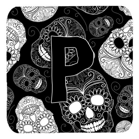 Letter P Day Of The Dead Skulls Black Foam Coasters- Set Of 4 - Black
