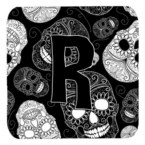 CJ2008-RFC Letter R Day Of The Dead Skulls Black Foam Coasters- Set Of 4