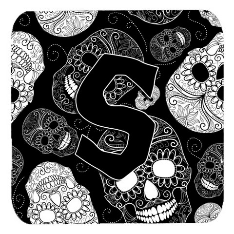 CJ2008-SFC Letter S Day Of The Dead Skulls Black Foam Coasters- Set Of 4