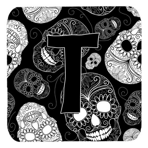 CJ2008-TFC Letter T Day Of The Dead Skulls Black Foam Coasters- Set Of 4