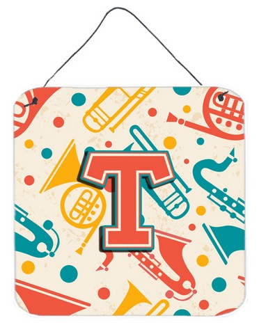 CJ2001-TDS66 Letter T Retro Teal Orange Musical Instruments Initial Wall and Door Hanging Prints