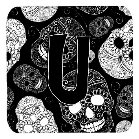 Letter U Day Of The Dead Skulls Black Foam Coasters- Set Of 4