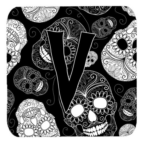 CJ2008-VFC Letter V Day Of The Dead Skulls Black Foam Coasters- Set Of 4