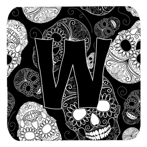 CJ2008-WFC Letter W Day Of The Dead Skulls Black Foam Coasters- Set Of 4
