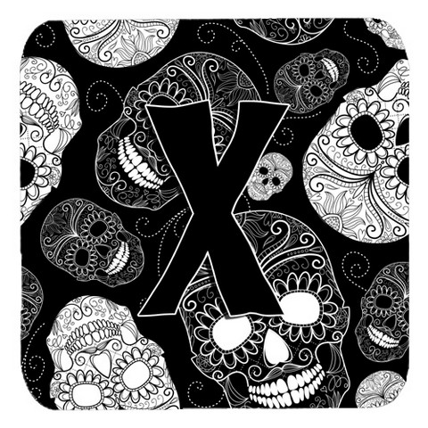 CJ2008-XFC Letter X Day Of The Dead Skulls Black Foam Coasters- Set Of 4