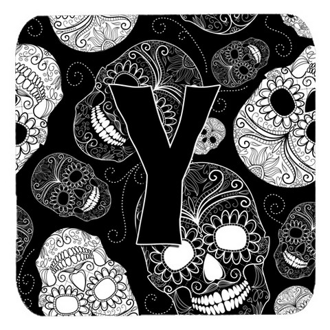 CJ2008-YFC Letter Y Day Of The Dead Skulls Black Foam Coasters- Set Of 4