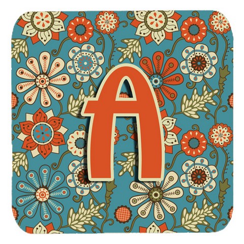 CJ2012-AFC Letter A Flowers Retro Blue Foam Coasters- Set Of 4