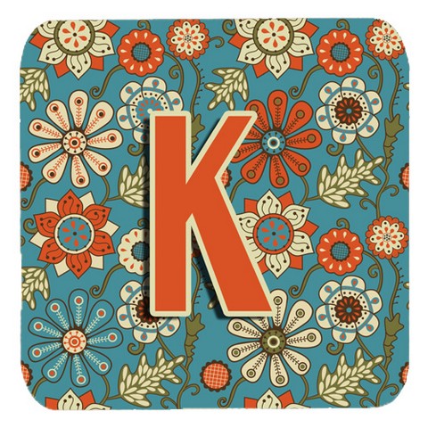 Letter K Flowers Retro Blue Foam Coasters- Set Of 4
