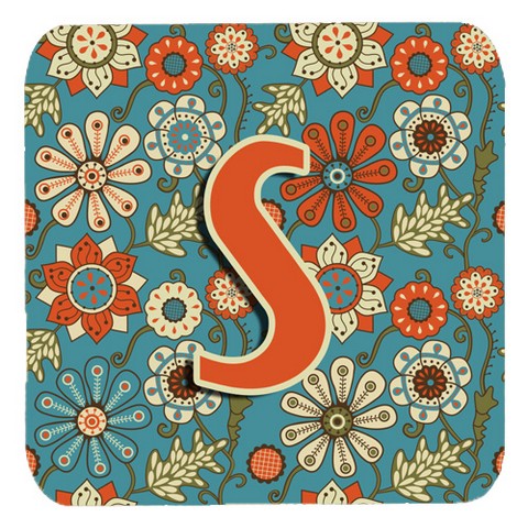 CJ2012-SFC Letter S Flowers Retro Blue Foam Coasters- Set Of 4
