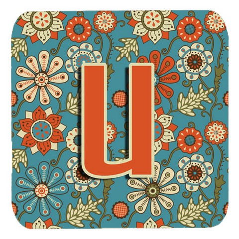 Letter U Flowers Retro Blue Foam Coasters- Set Of 4