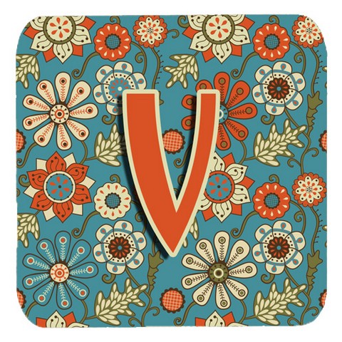 Picture of Carolines Treasures CJ2012-VFC Letter V Flowers Retro Blue Foam Coasters- Set Of 4