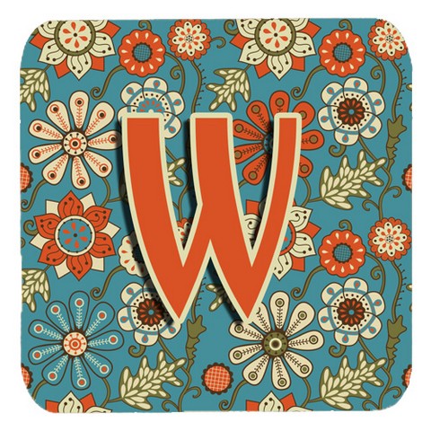 Letter W Flowers Retro Blue Foam Coasters- Set Of 4