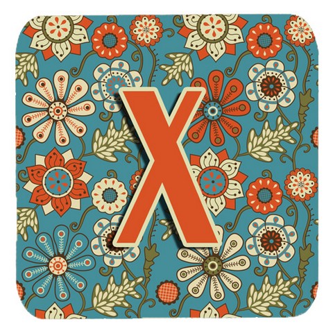 Letter X Flowers Retro Blue Foam Coasters- Set Of 4