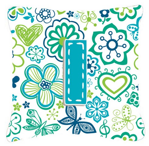 Letter I Flowers And Butterflies Teal Blue Canvas Fabric Decorative Pillow - 14 L x 3 W x 14 H in.