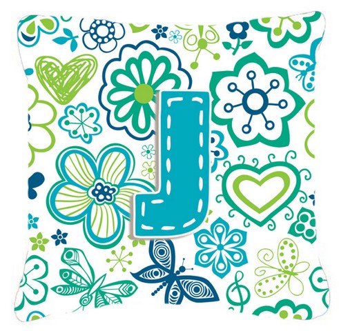Letter J Flowers And Butterflies Teal Blue Canvas Fabric Decorative Pillow - Teal Blue - 14 L x 3 W x 14 H in.