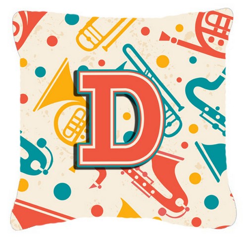 Letter D Retro Teal Orange Musical Instruments Initial Canvas Fabric Decorative Pillow